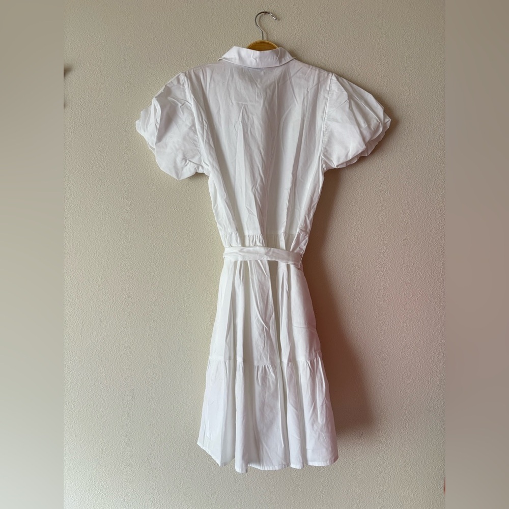 Nwt Omnes Winona White Poplin Cotton Puff Sleeve White Mini Wrap Dress Size 6 — image 2 of 5